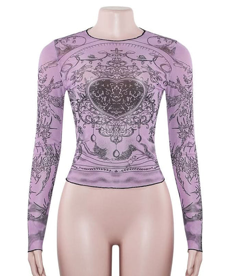 Mystical Heart Sheer Mesh Top - Trendy Lavender Long Sleeve for Fall & Halloween