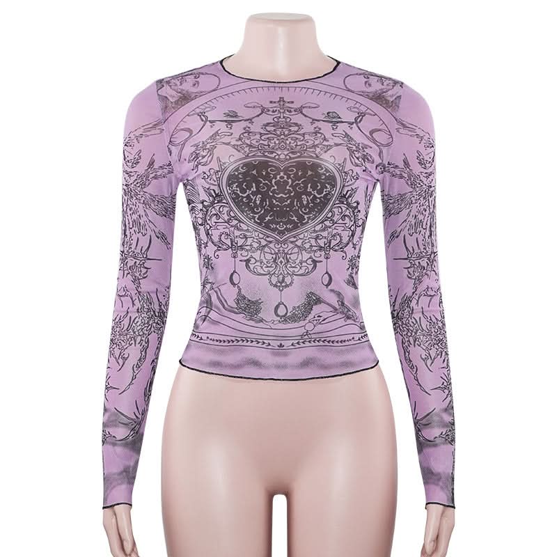 Mystical Heart Sheer Mesh Top - Trendy Lavender Long Sleeve for Fall & Halloween