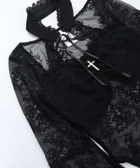 Bewitching Black Lace Bodysuit | Dramatic Bell Sleeves & Choker Neck for Fall & Halloween