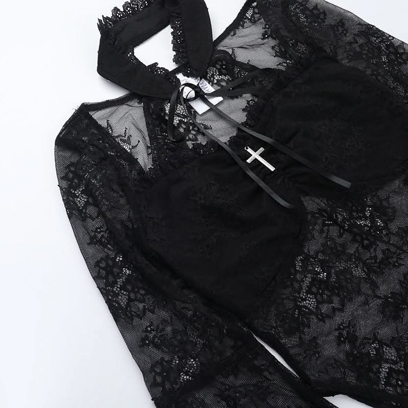 Bewitching Black Lace Bodysuit | Dramatic Bell Sleeves & Choker Neck for Fall & Halloween