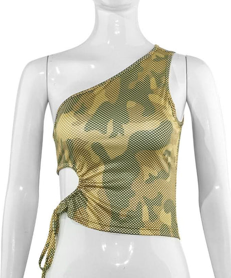 Edgy Fall Style: Camo Mesh One-Shoulder Cut-Out Crop Top with Adjustable Tie-Side