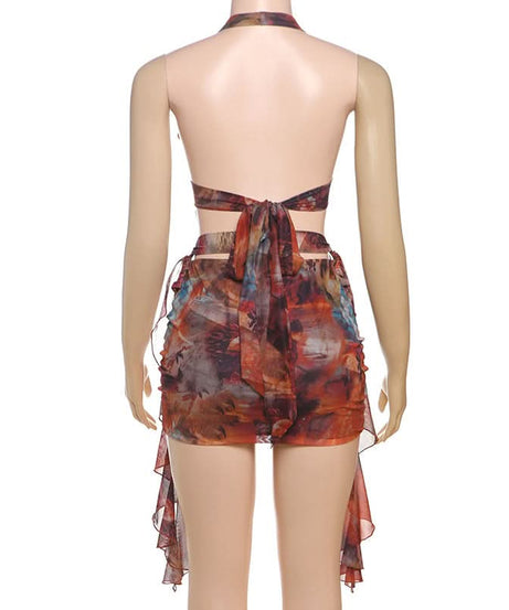 Vibrant Art Print Halter Mini Dress: O-Ring Cutouts & Draped Silhouette - Your Fall Party Statement