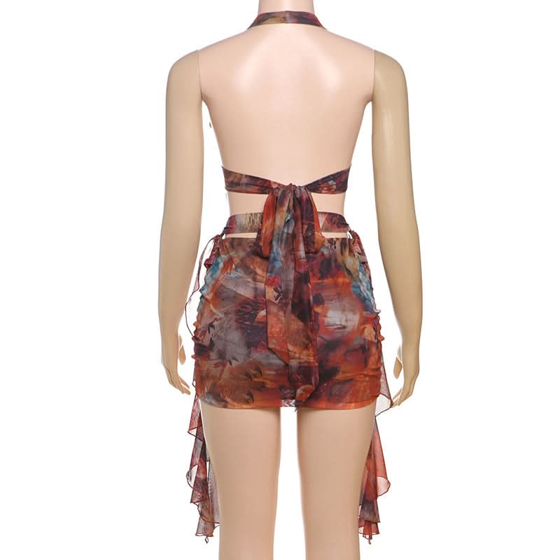 Vibrant Art Print Halter Mini Dress: O-Ring Cutouts & Draped Silhouette - Your Fall Party Statement