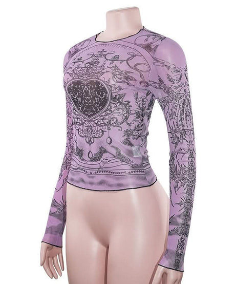 Mystical Heart Sheer Mesh Top - Trendy Lavender Long Sleeve for Fall & Halloween