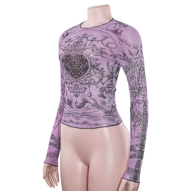 Mystical Heart Sheer Mesh Top - Trendy Lavender Long Sleeve for Fall & Halloween