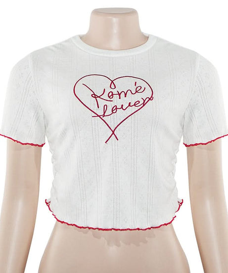 Rome Lover Cropped Ruffle Tee | Women's White Embroidered Knit Top for Fall