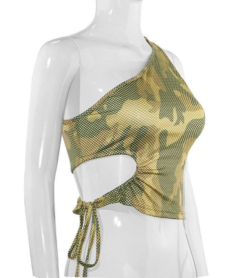 Edgy Fall Style: Camo Mesh One-Shoulder Cut-Out Crop Top with Adjustable Tie-Side