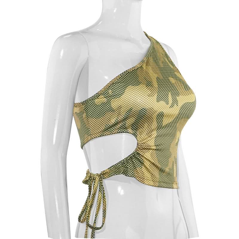 Edgy Fall Style: Camo Mesh One-Shoulder Cut-Out Crop Top with Adjustable Tie-Side