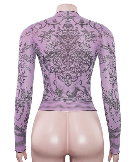 Mystical Heart Sheer Mesh Top - Trendy Lavender Long Sleeve for Fall & Halloween