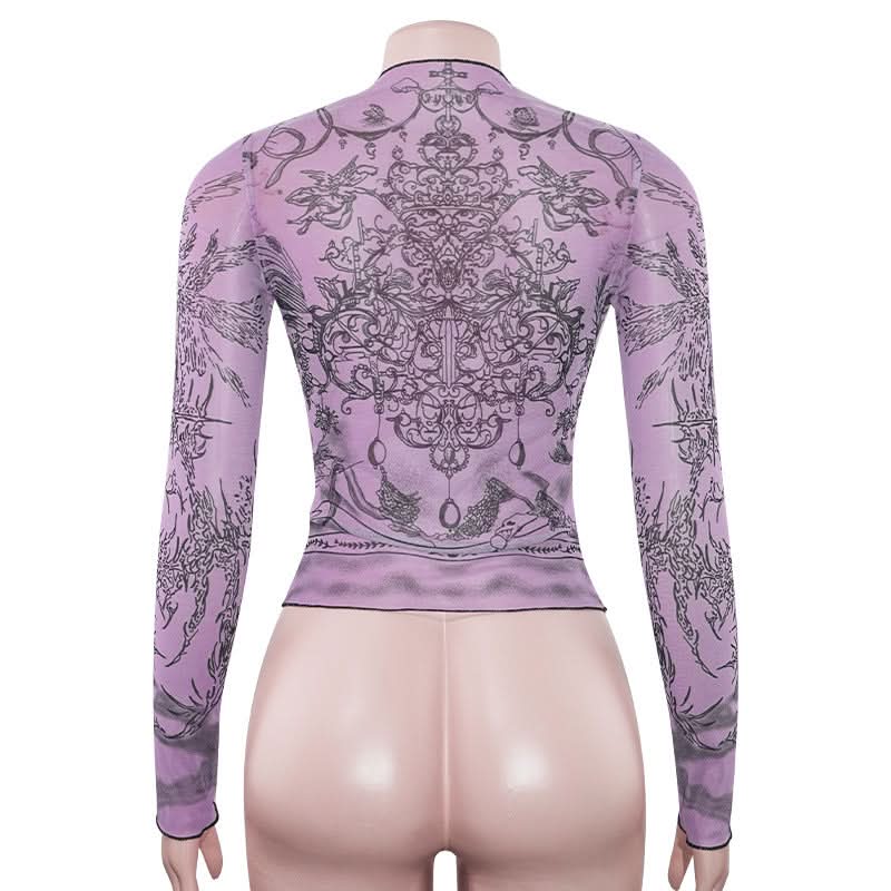 Mystical Heart Sheer Mesh Top - Trendy Lavender Long Sleeve for Fall & Halloween