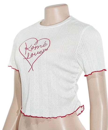 Rome Lover Cropped Ruffle Tee | Women's White Embroidered Knit Top for Fall