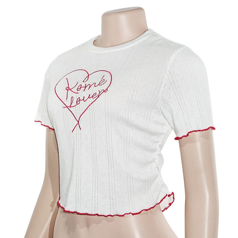 Rome Lover Cropped Ruffle Tee | Women's White Embroidered Knit Top for Fall