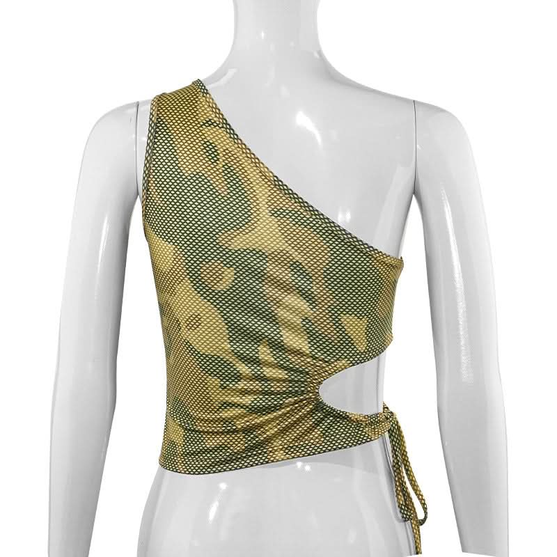 Edgy Fall Style: Camo Mesh One-Shoulder Cut-Out Crop Top with Adjustable Tie-Side
