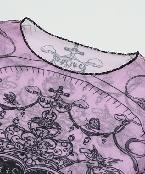 Mystical Heart Sheer Mesh Top - Trendy Lavender Long Sleeve for Fall & Halloween