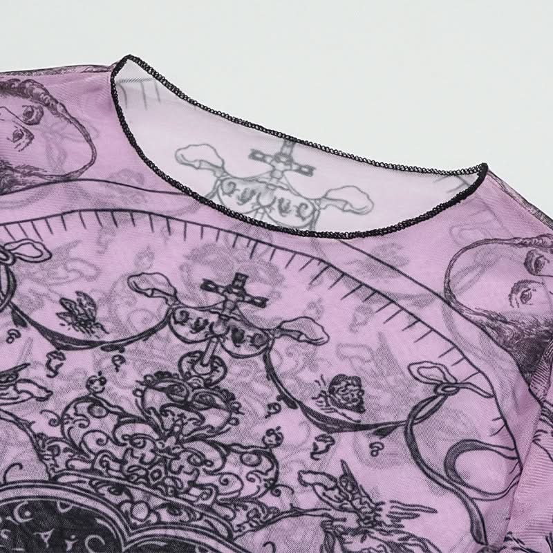 Mystical Heart Sheer Mesh Top - Trendy Lavender Long Sleeve for Fall & Halloween
