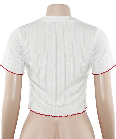 Rome Lover Cropped Ruffle Tee | Women's White Embroidered Knit Top for Fall