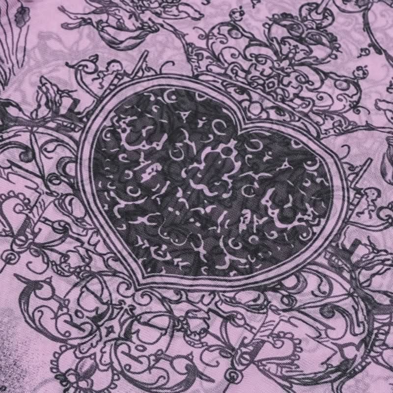 Mystical Heart Sheer Mesh Top - Trendy Lavender Long Sleeve for Fall & Halloween