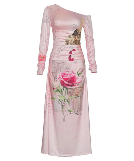 Romantic Rose & Butterfly One-Shoulder Maxi Dress | Chic Fall Event Attire