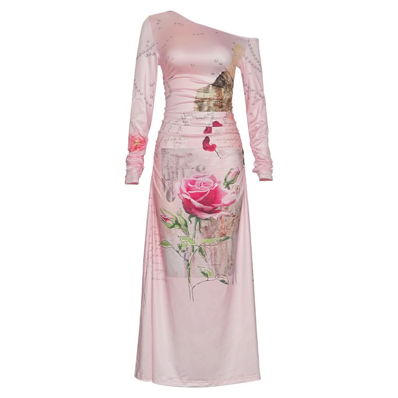 Romantic Rose & Butterfly One-Shoulder Maxi Dress | Chic Fall Event Attire