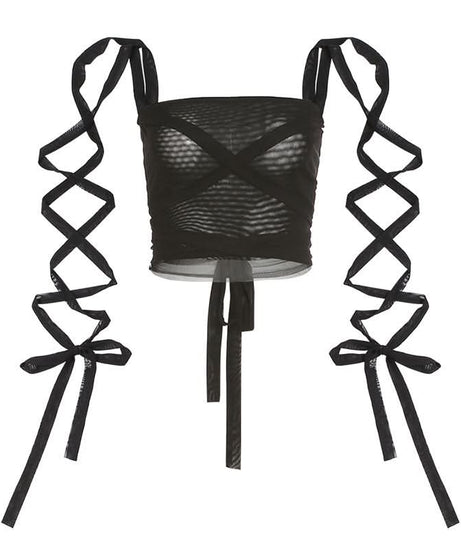 Gothic Glam Mesh Tie-Up Crop Top – Edgy Black Sheer Cami for Fall Nights & Halloween Parties