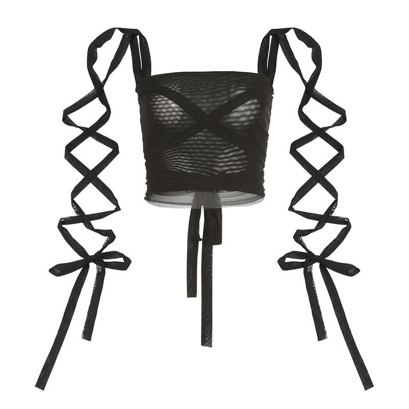 Gothic Glam Mesh Tie-Up Crop Top – Edgy Black Sheer Cami for Fall Nights & Halloween Parties