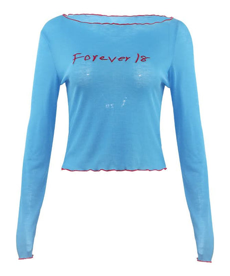 Stay Forever 18: Y2K Blue Ribbed Long Sleeve Crop Top | Trendy Lettuce Hem Fall Tee for Women