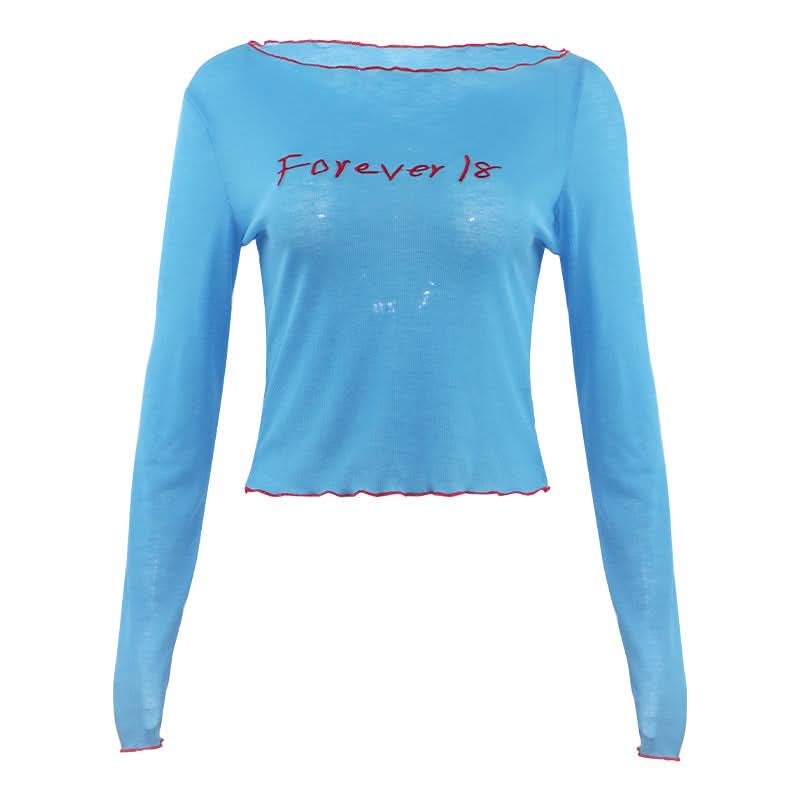 Stay Forever 18: Y2K Blue Ribbed Long Sleeve Crop Top | Trendy Lettuce Hem Fall Tee for Women