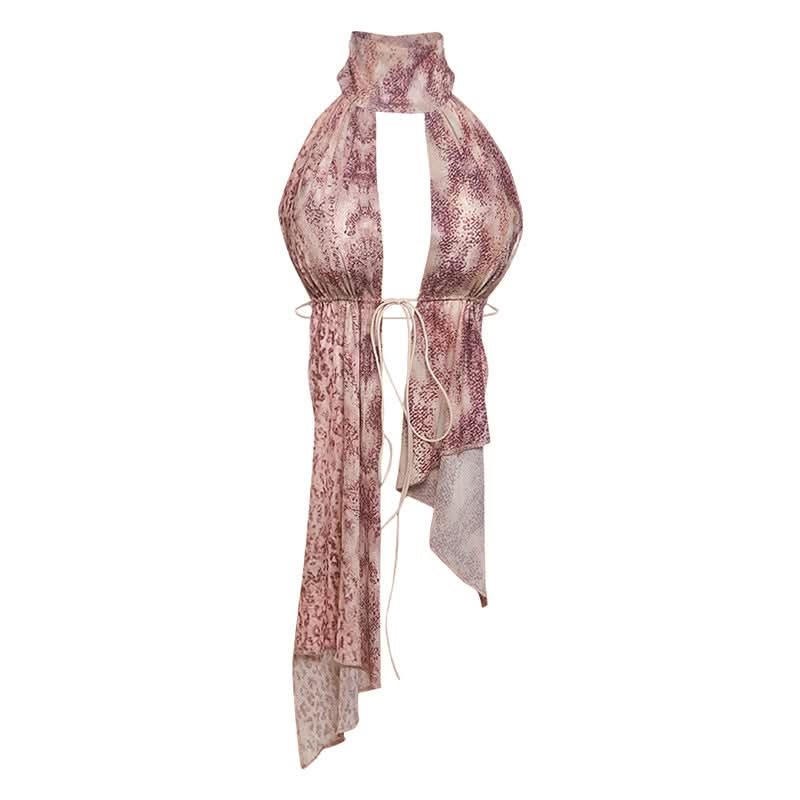 Wild Instincts Halter Top: Pink Leopard Print Mesh Plunge with Self-Tie | Fall & Party Ready