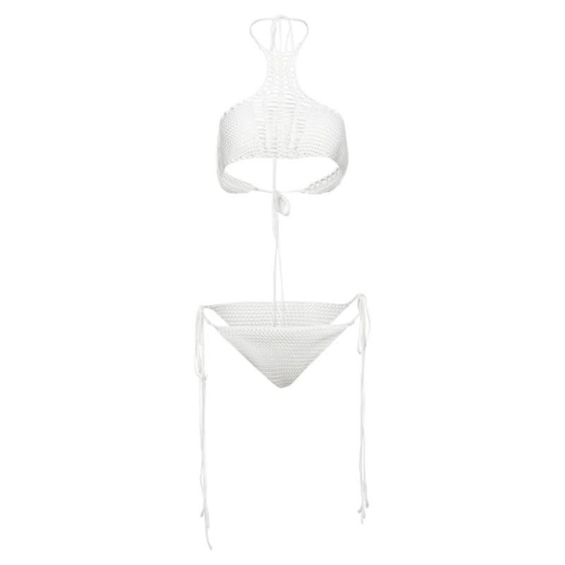 Crochet-Inspired White Halter Bikini Set | Chic Two-Piece Swimwear for Resort & Tropical Vacations