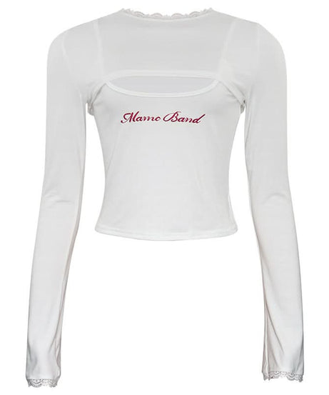 Effortless Chic: Y2K Cutout Long Sleeve Crop Top with Lace Trim & 'Mame Band' Embroidery – Trendy Fall Fashion for Women