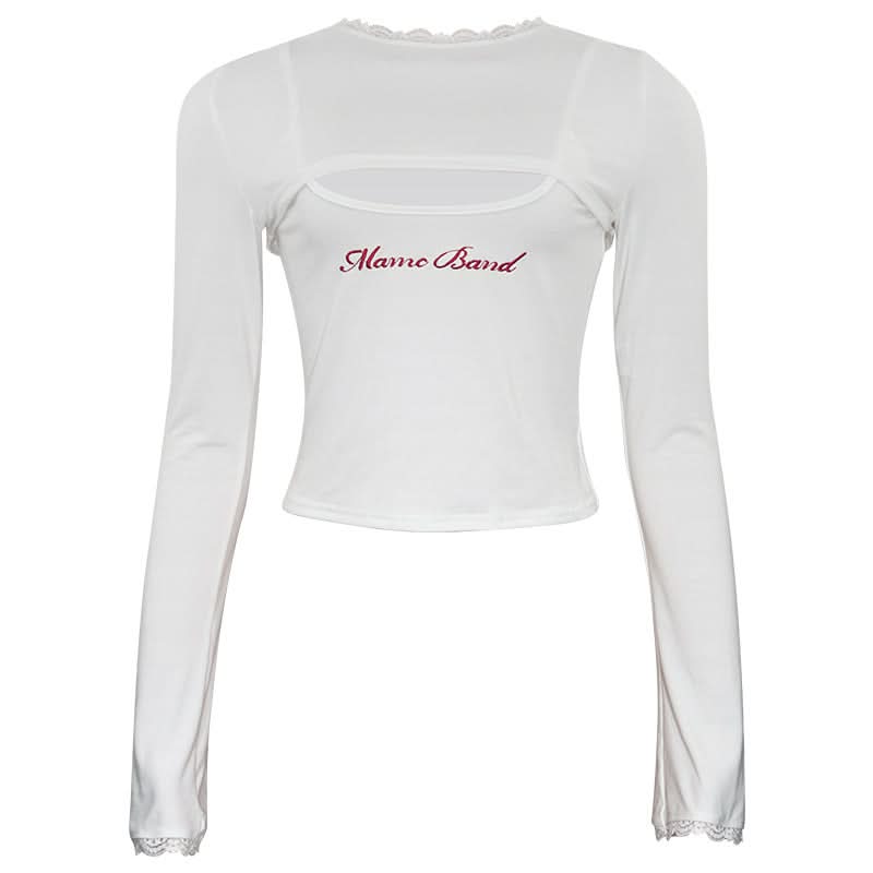 Effortless Chic: Y2K Cutout Long Sleeve Crop Top with Lace Trim & 'Mame Band' Embroidery – Trendy Fall Fashion for Women