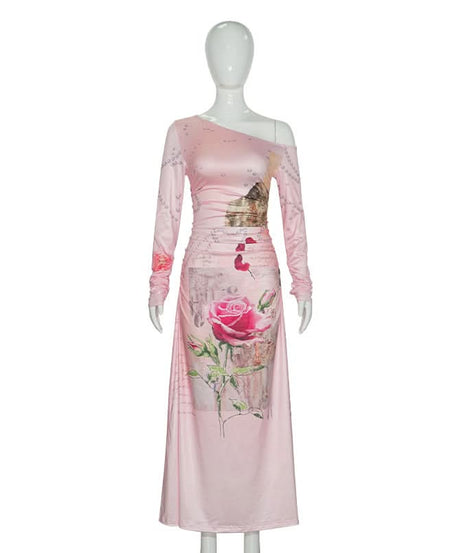Romantic Rose & Butterfly One-Shoulder Maxi Dress | Chic Fall Event Attire