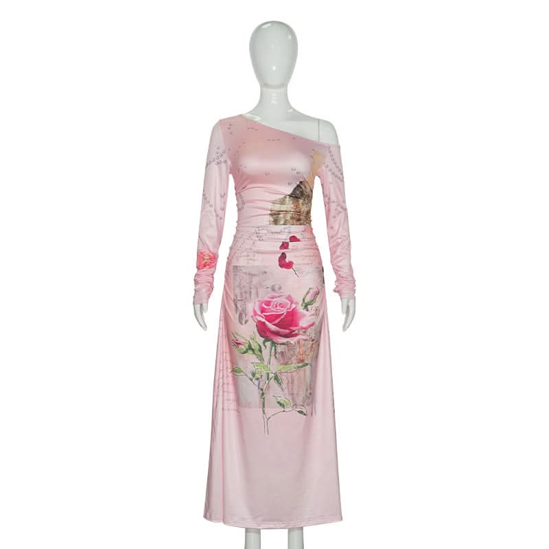 Romantic Rose & Butterfly One-Shoulder Maxi Dress | Chic Fall Event Attire
