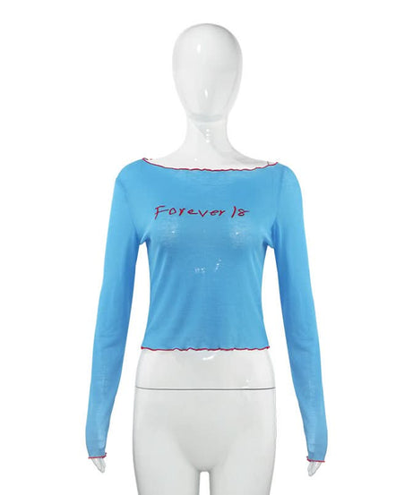 Stay Forever 18: Y2K Blue Ribbed Long Sleeve Crop Top | Trendy Lettuce Hem Fall Tee for Women