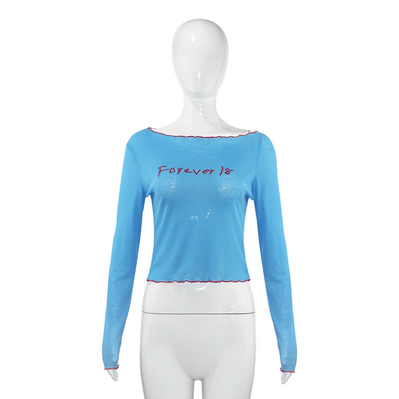 Stay Forever 18: Y2K Blue Ribbed Long Sleeve Crop Top | Trendy Lettuce Hem Fall Tee for Women