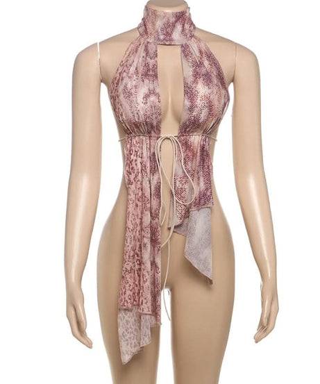 Wild Instincts Halter Top: Pink Leopard Print Mesh Plunge with Self-Tie | Fall & Party Ready