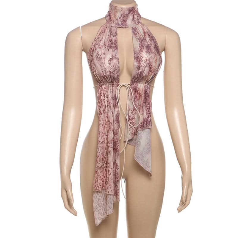 Wild Instincts Halter Top: Pink Leopard Print Mesh Plunge with Self-Tie | Fall & Party Ready