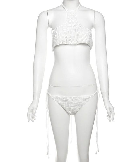 Crochet-Inspired White Halter Bikini Set | Chic Two-Piece Swimwear for Resort & Tropical Vacations