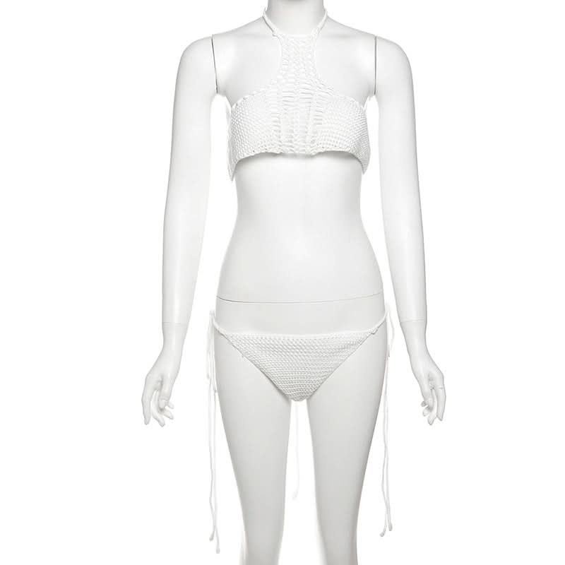 Crochet-Inspired White Halter Bikini Set | Chic Two-Piece Swimwear for Resort & Tropical Vacations