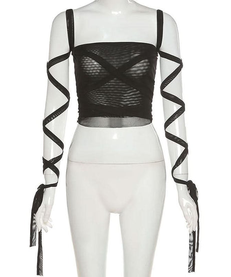 Gothic Glam Mesh Tie-Up Crop Top – Edgy Black Sheer Cami for Fall Nights & Halloween Parties