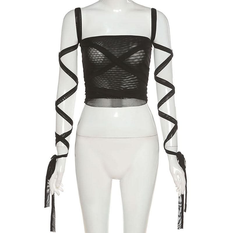 Gothic Glam Mesh Tie-Up Crop Top – Edgy Black Sheer Cami for Fall Nights & Halloween Parties