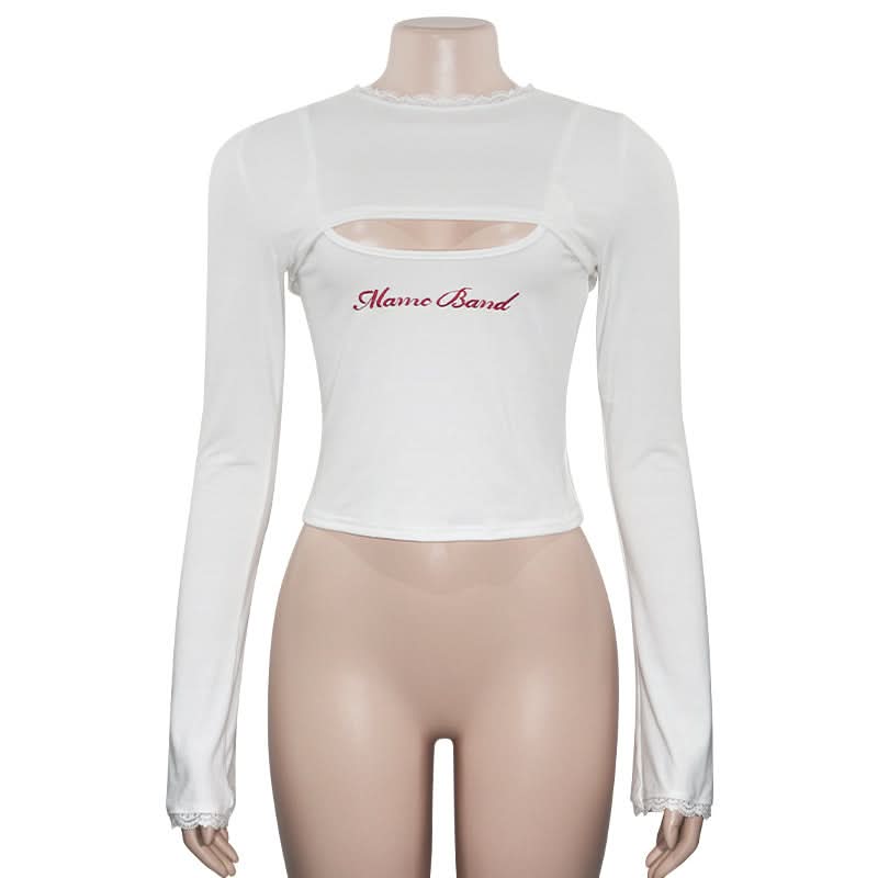 Effortless Chic: Y2K Cutout Long Sleeve Crop Top with Lace Trim & 'Mame Band' Embroidery – Trendy Fall Fashion for Women