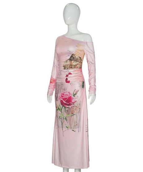 Romantic Rose & Butterfly One-Shoulder Maxi Dress | Chic Fall Event Attire