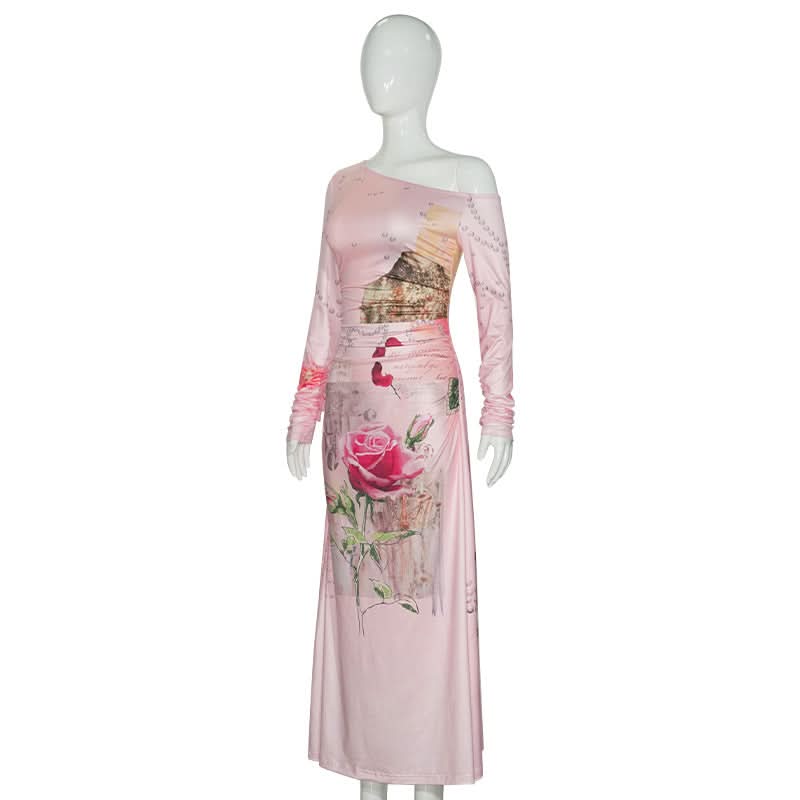 Romantic Rose & Butterfly One-Shoulder Maxi Dress | Chic Fall Event Attire