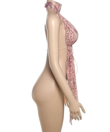 Wild Instincts Halter Top: Pink Leopard Print Mesh Plunge with Self-Tie | Fall & Party Ready