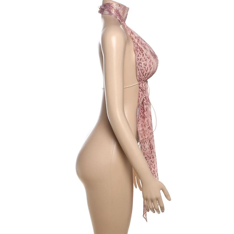 Wild Instincts Halter Top: Pink Leopard Print Mesh Plunge with Self-Tie | Fall & Party Ready
