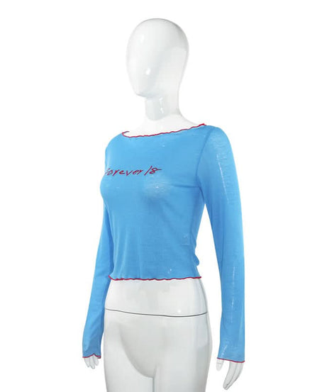 Stay Forever 18: Y2K Blue Ribbed Long Sleeve Crop Top | Trendy Lettuce Hem Fall Tee for Women