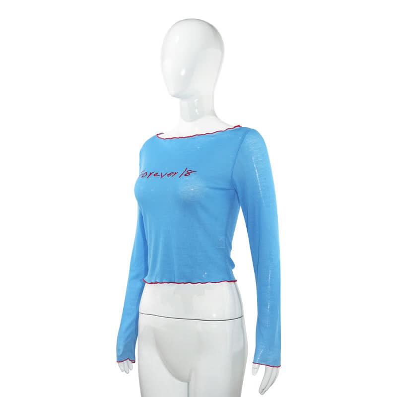 Stay Forever 18: Y2K Blue Ribbed Long Sleeve Crop Top | Trendy Lettuce Hem Fall Tee for Women