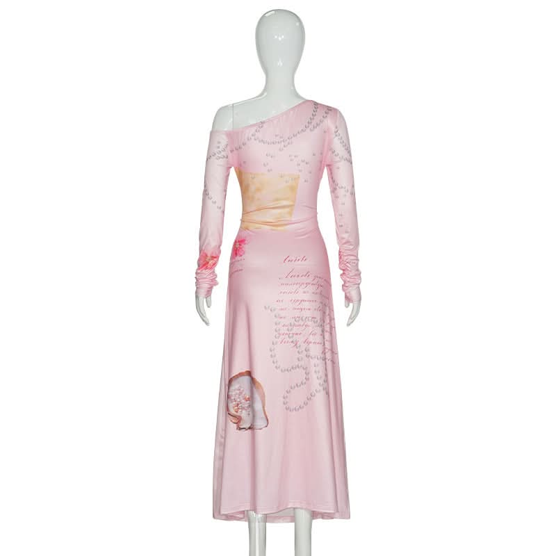 Romantic Rose & Butterfly One-Shoulder Maxi Dress | Chic Fall Event Attire