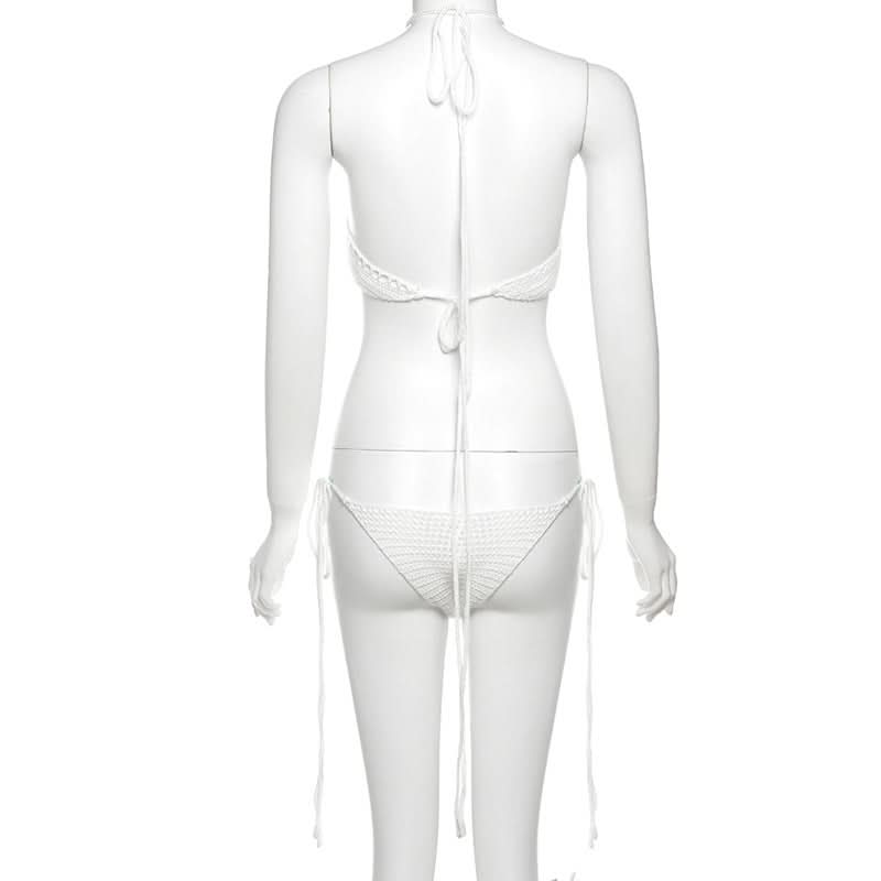 Crochet-Inspired White Halter Bikini Set | Chic Two-Piece Swimwear for Resort & Tropical Vacations
